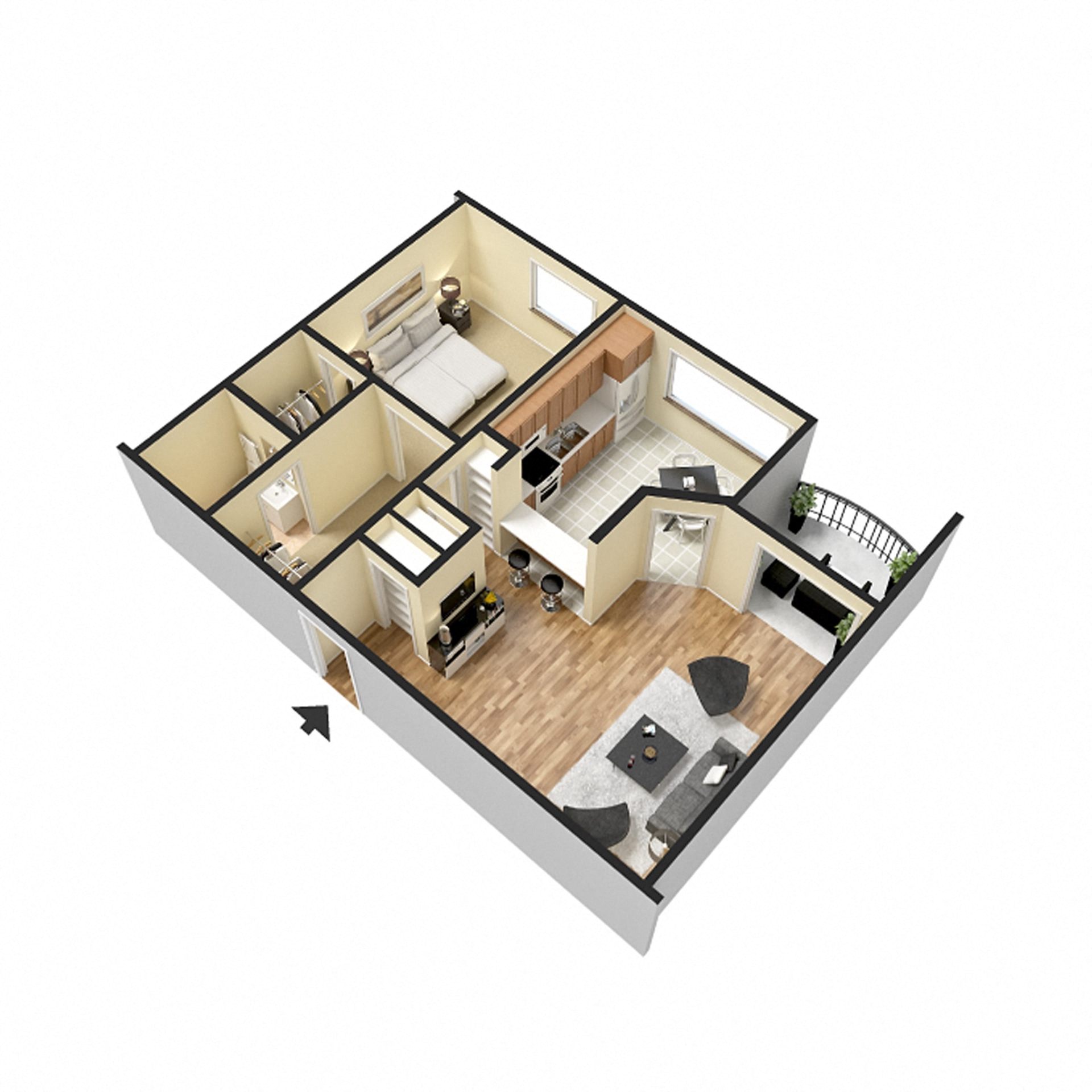 Floor plan for 1 bed, 1 bath, 730 sqft